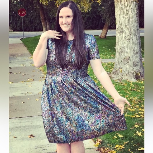 Lularoe Elegant Unicorn Amelia Dress Oil Slick Rainbow Mermaid Metallic - Picture 3 of 14